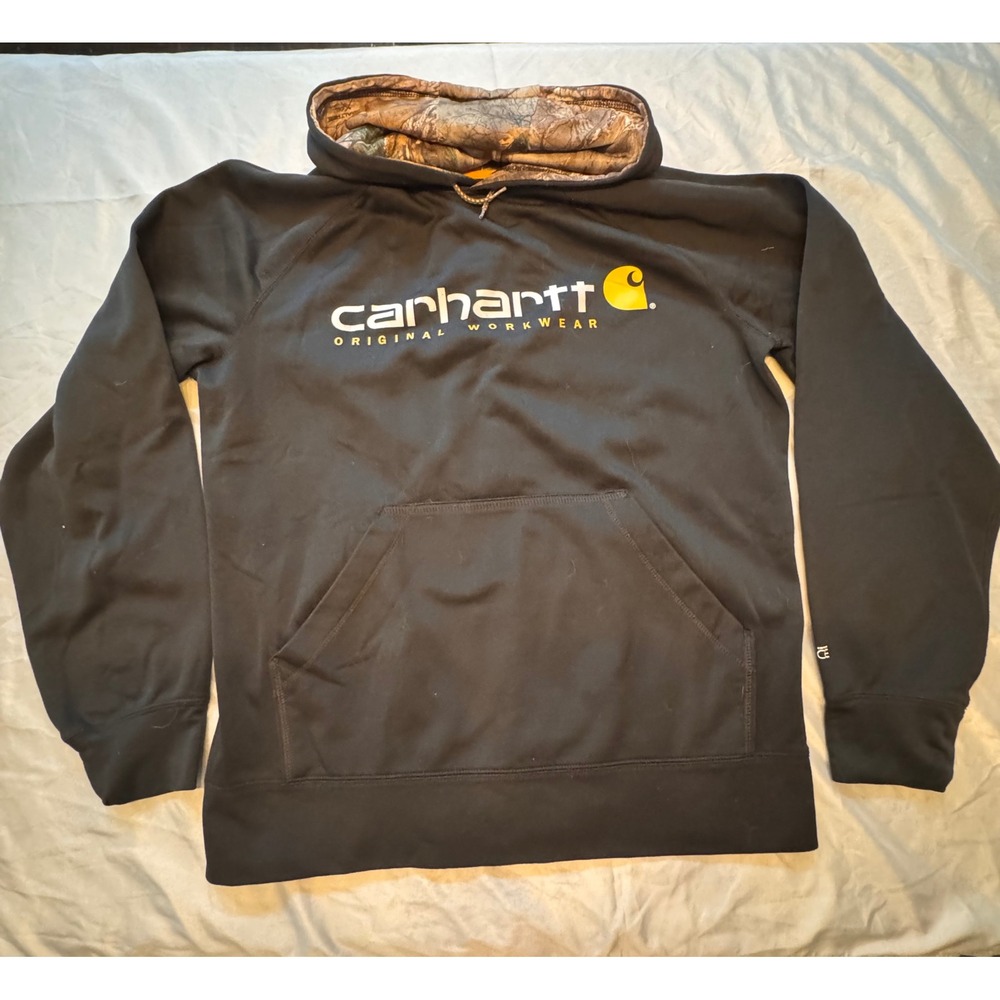 Carhartt Force Mens Relaxed Fit Hoodie Black Camo Lined Logo Sweatshirt Medium